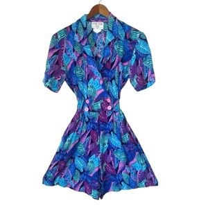 Vintage 80s Leslie Belle Petite Tropical Romper Jumpsuit Stranger Things Style